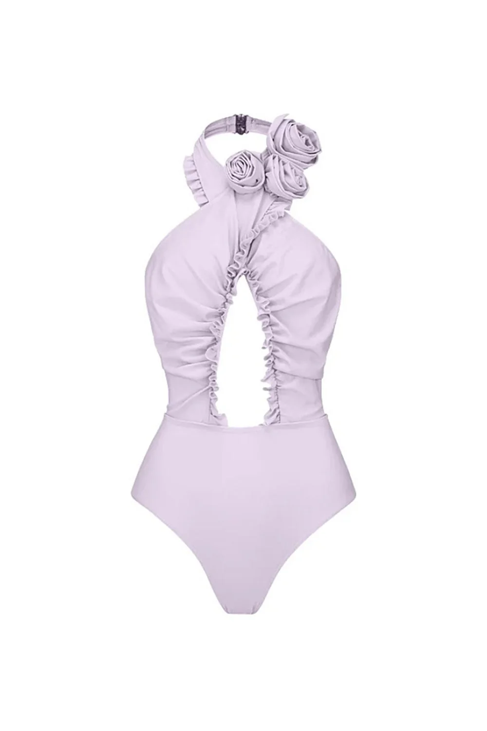 Halter 3D Flower Cut Out 2 Piece Lilac Swimsuit with Cover Up Dress - Image 2