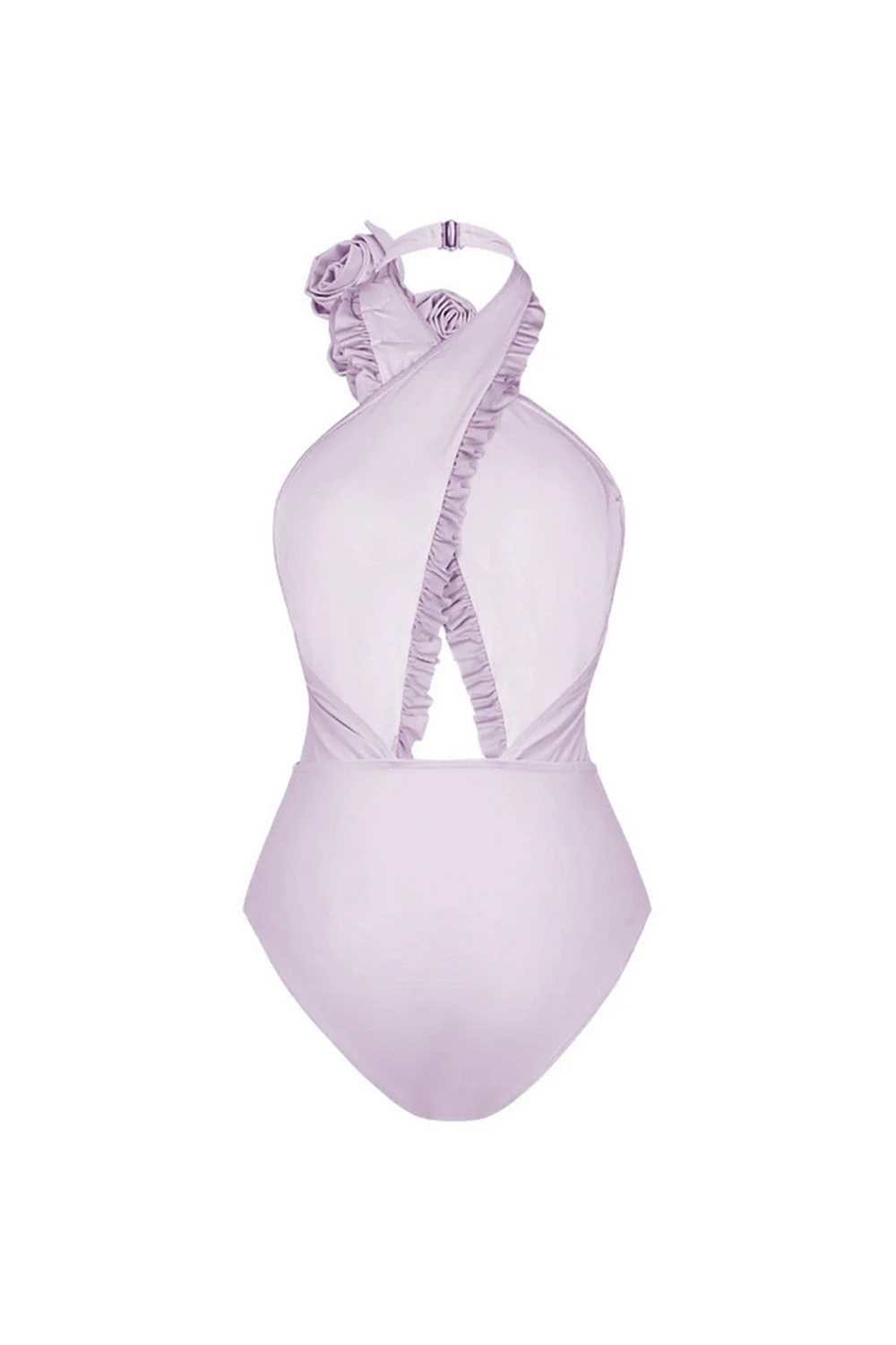 Halter 3D Flower Cut Out 2 Piece Lilac Swimsuit with Cover Up Dress - Image 3