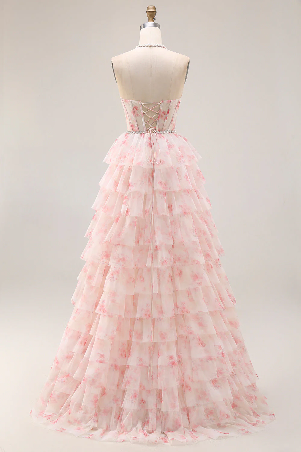 Halter A-Line Candy Pink Corset Floral Tiered Ruffle Long Prom Dress with Pearls - Image 2