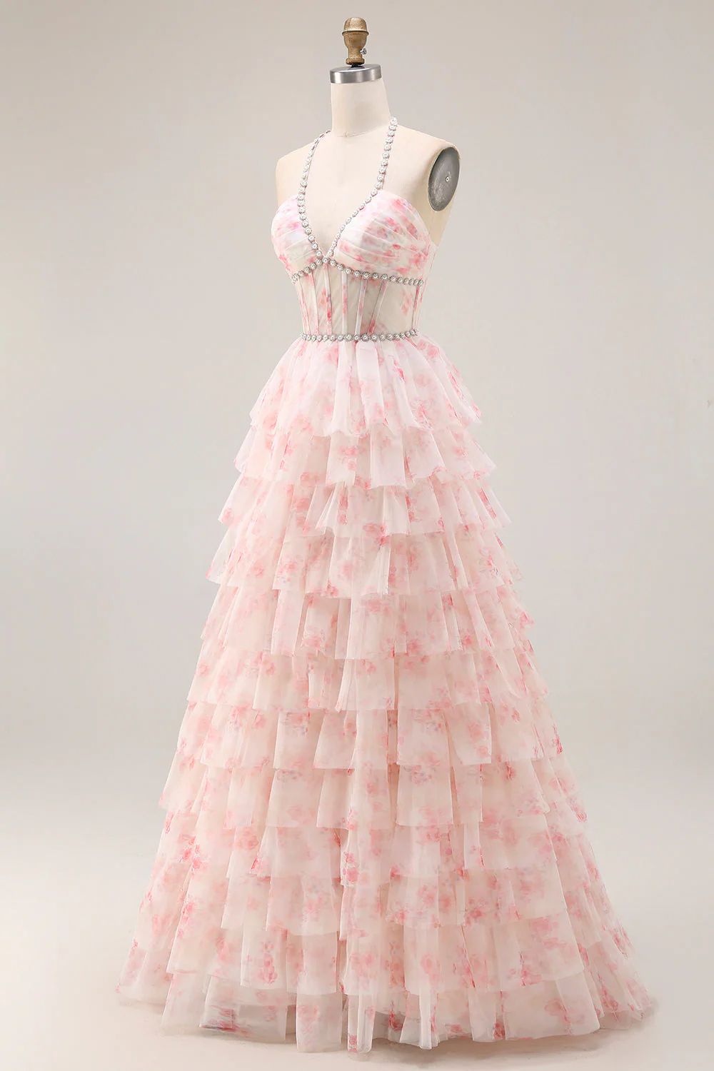 Halter A-Line Candy Pink Corset Floral Tiered Ruffle Long Prom Dress with Pearls - Image 3