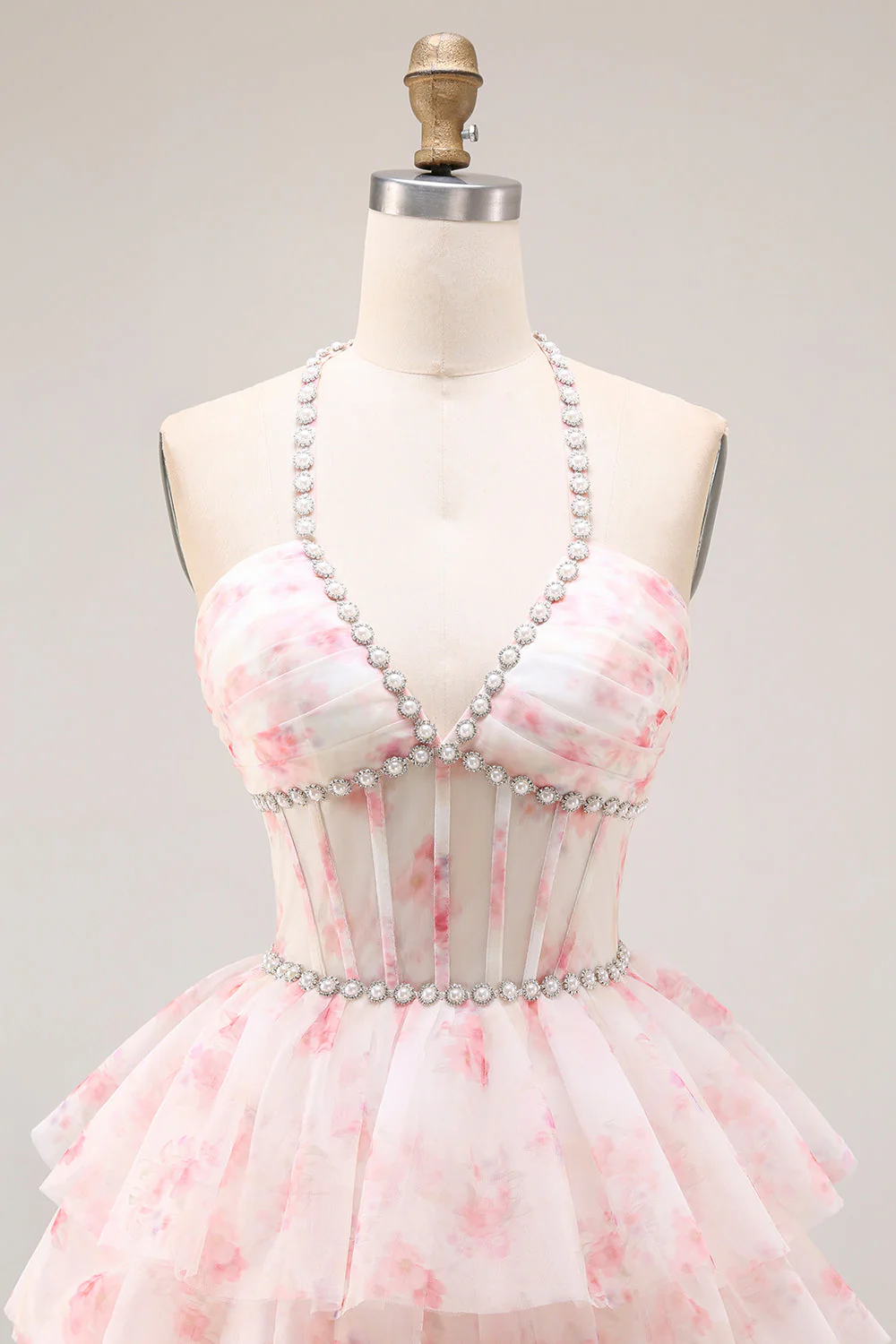Halter A-Line Candy Pink Corset Floral Tiered Ruffle Long Prom Dress with Pearls - Image 4