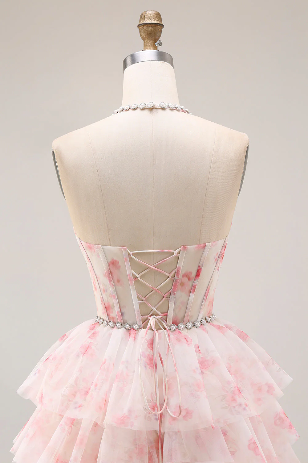 Halter A-Line Candy Pink Corset Floral Tiered Ruffle Long Prom Dress with Pearls - Image 5