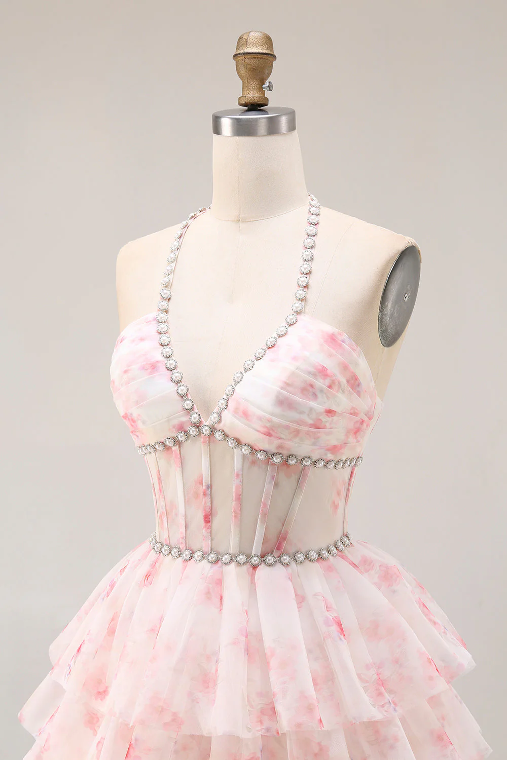 Halter A-Line Candy Pink Corset Floral Tiered Ruffle Long Prom Dress with Pearls - Image 6