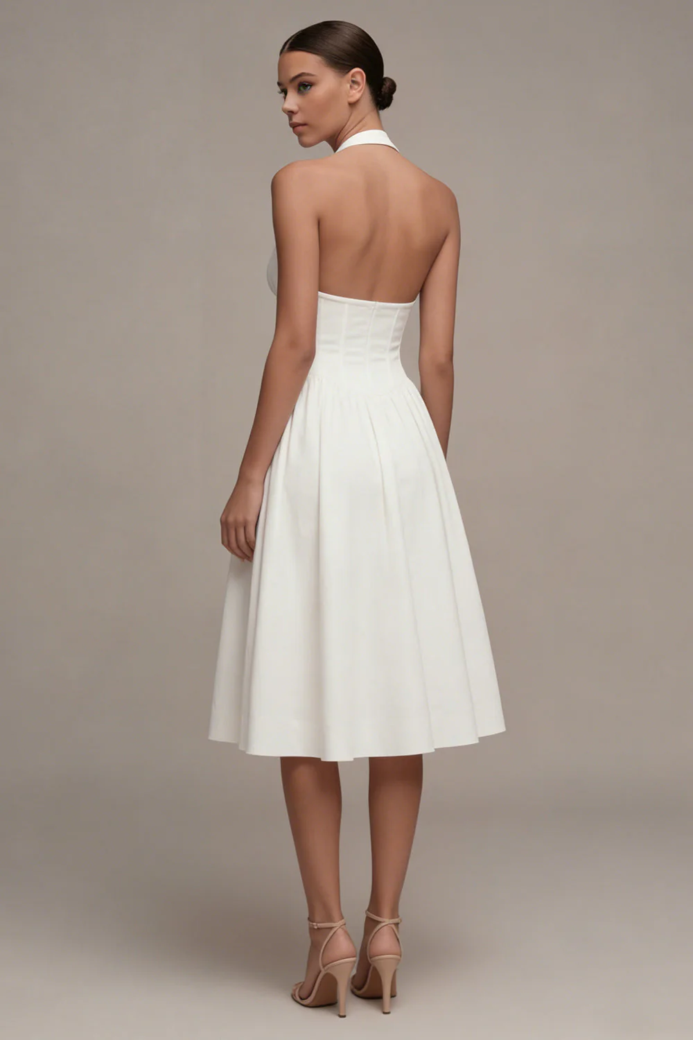 Halter A-Line Corset Cut Out Midi White Bridal Shower Dress - Image 2