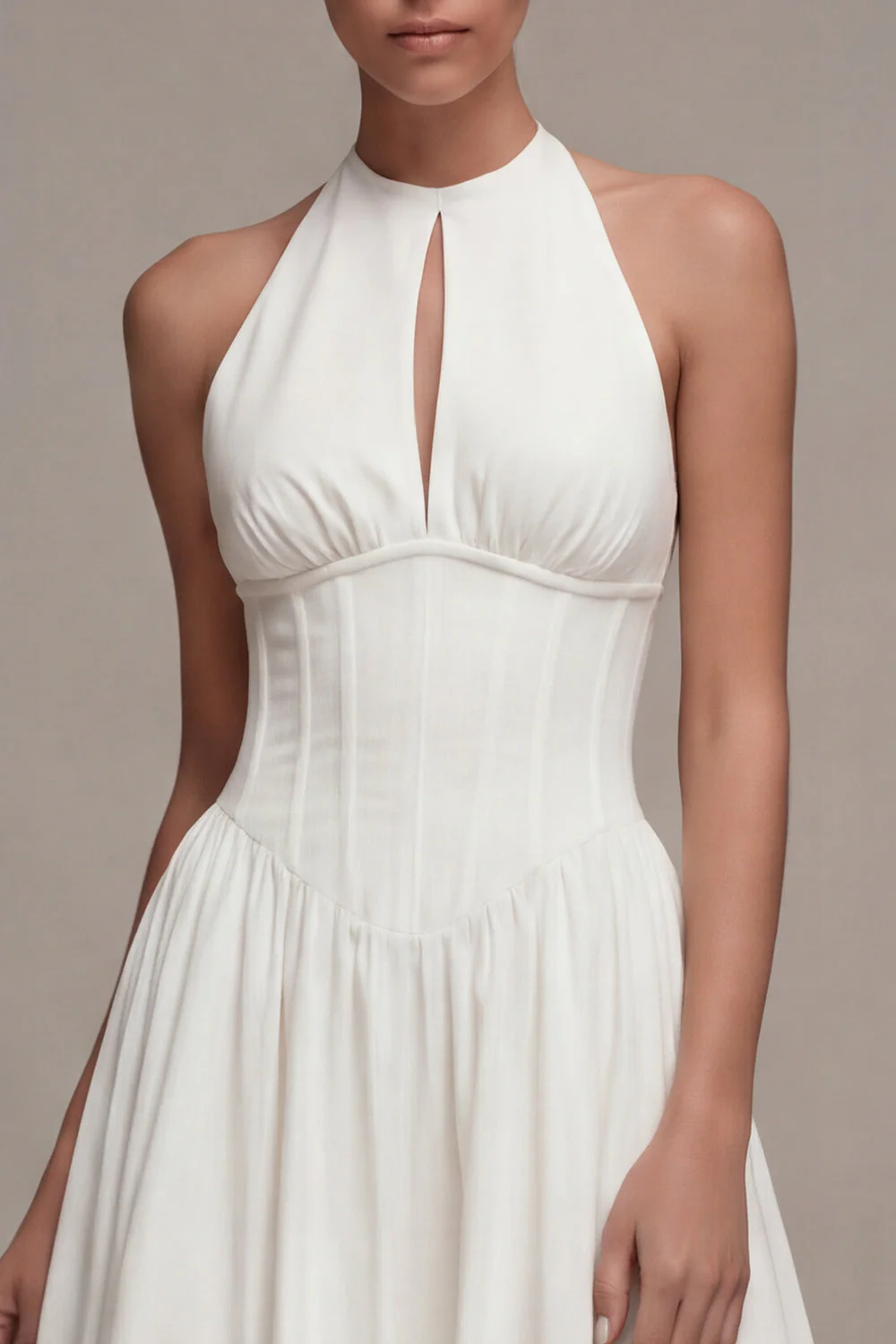 Halter A-Line Corset Cut Out Midi White Bridal Shower Dress - Image 3