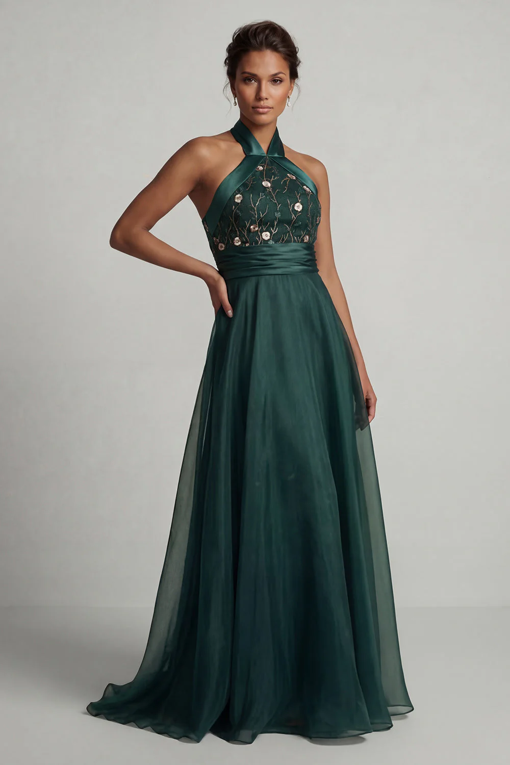 Halter A Line Long Dark Green Mother of the Bride Dress - Image 3