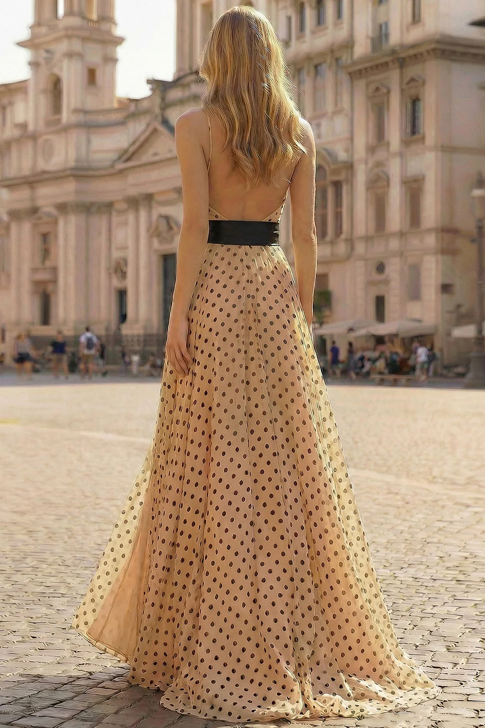 Halter A Line Prinred Apricot Black Polka Dots Side Slit Long Prom Dress with Bow - Image 2