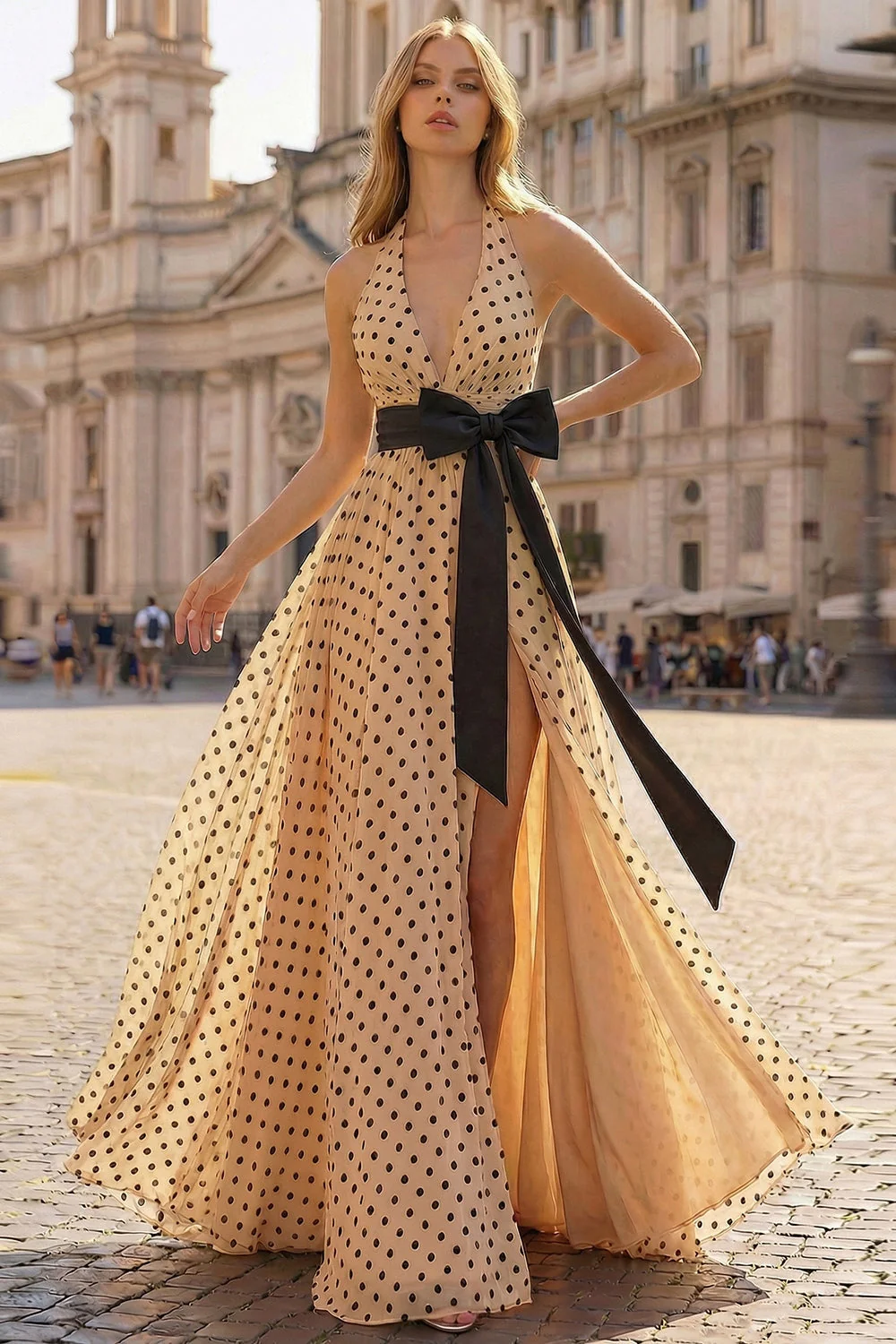 Halter A Line Prinred Apricot Black Polka Dots Side Slit Long Prom Dress with Bow - Image 3