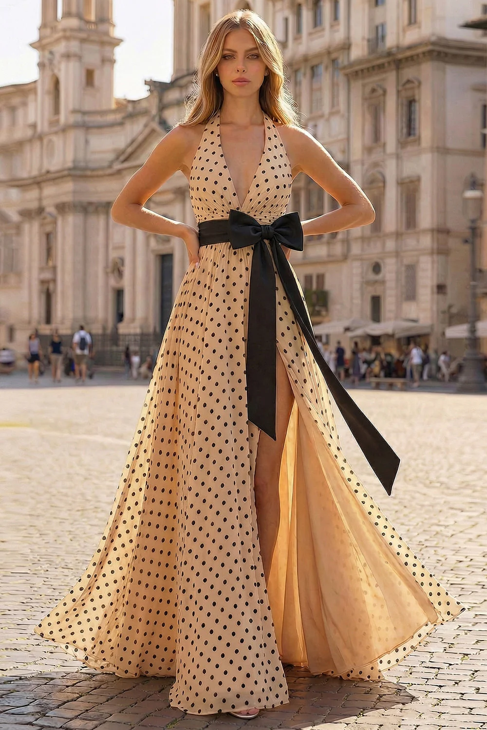 Halter A Line Prinred Apricot Black Polka Dots Side Slit Long Prom Dress with Bow - Image 4