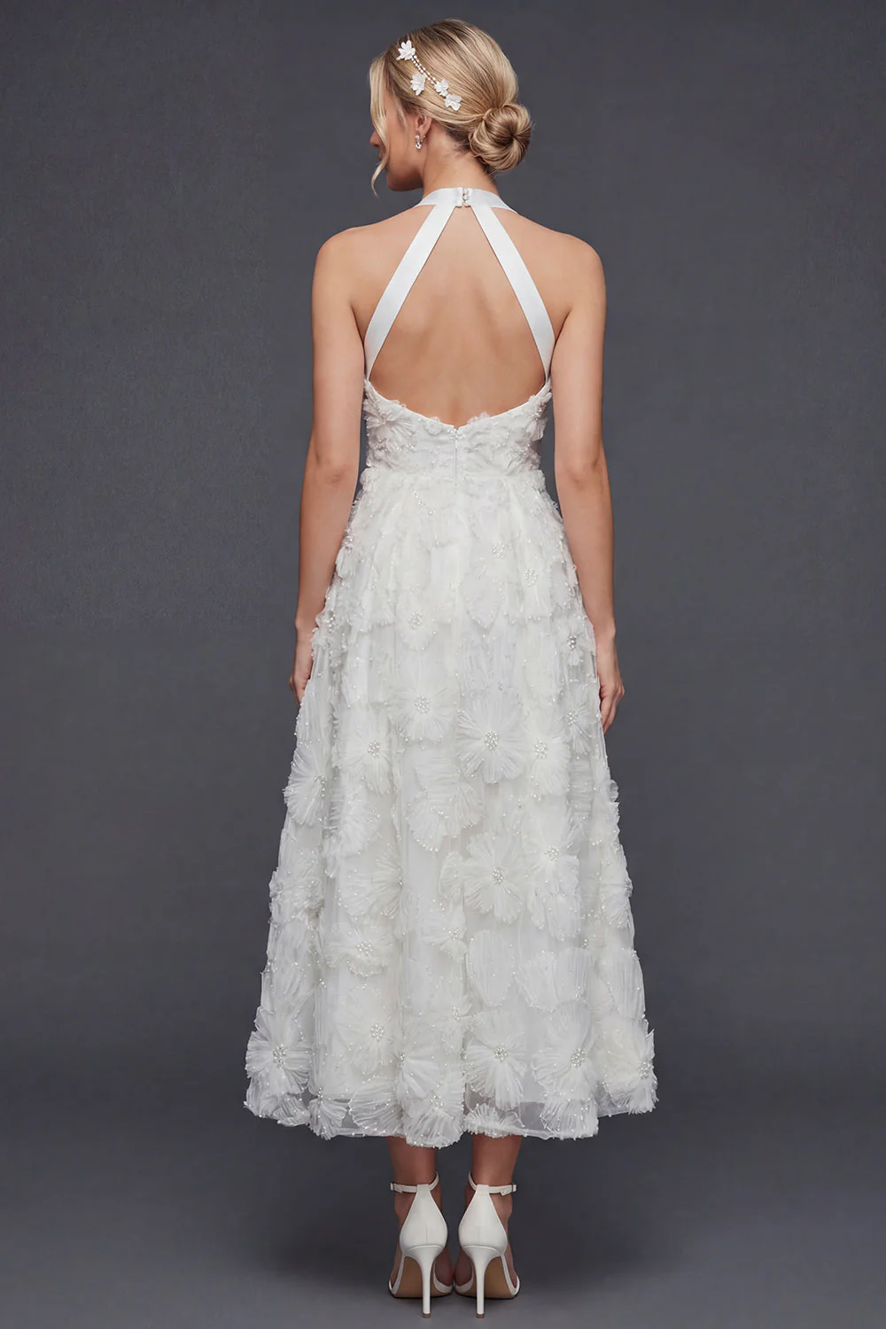 Halter A Line White 3D Flowers Long Wedding Dress - Image 2