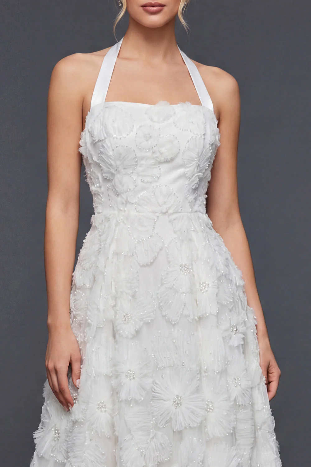 Halter A Line White 3D Flowers Long Wedding Dress - Image 3