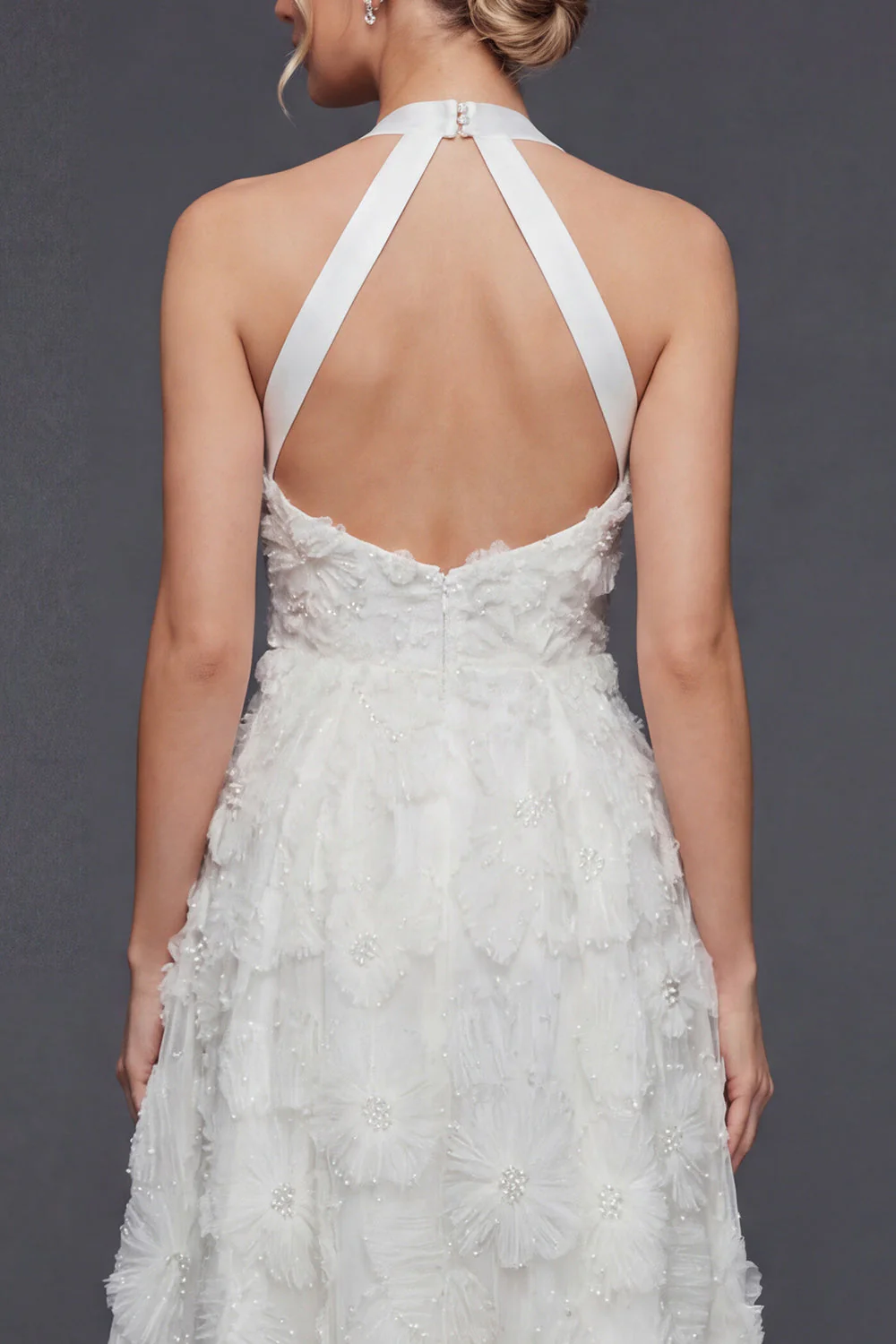 Halter A Line White 3D Flowers Long Wedding Dress - Image 4