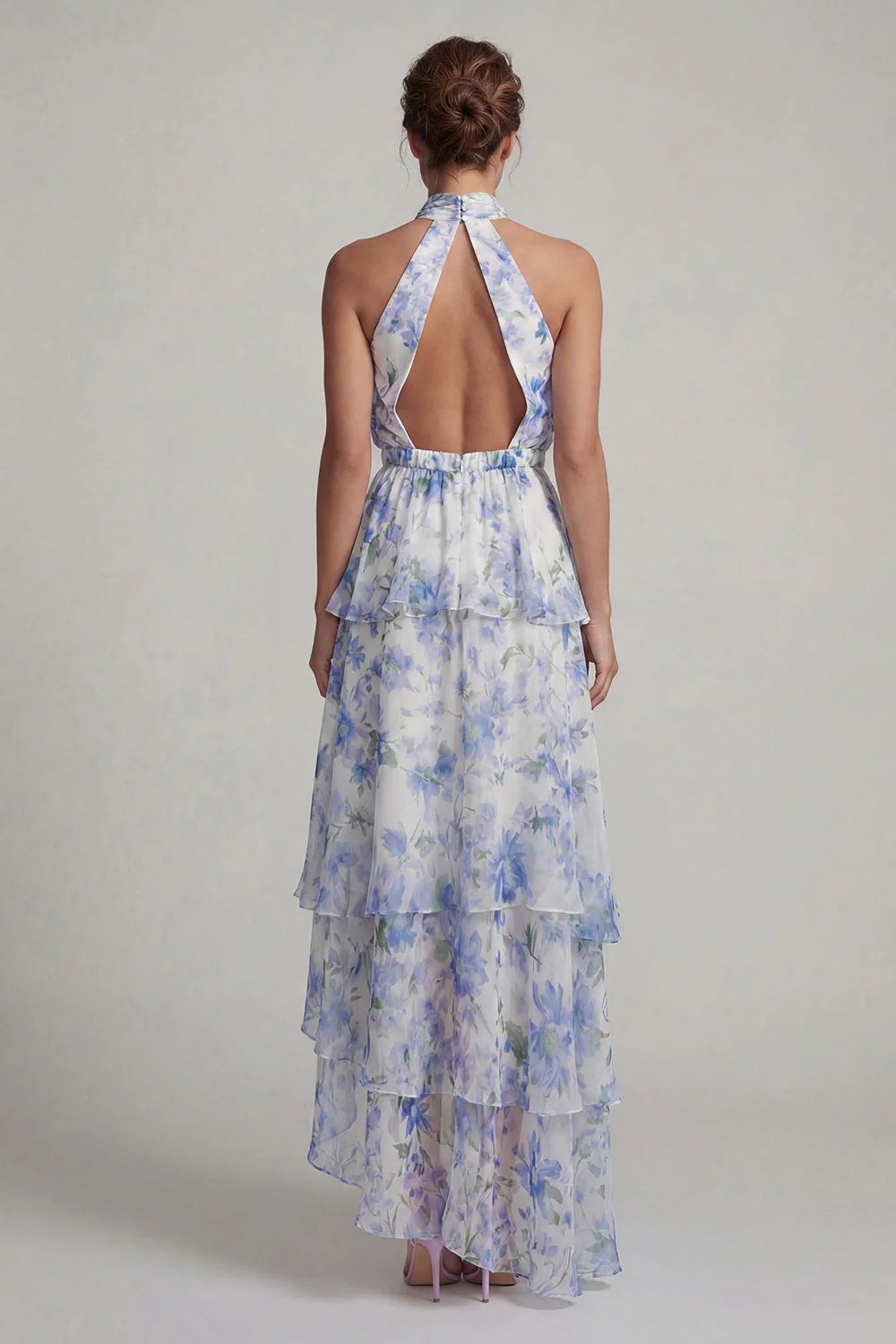 Halter Light Blue Asymmetrical A Line Floral Dress with Ruffles - Image 2