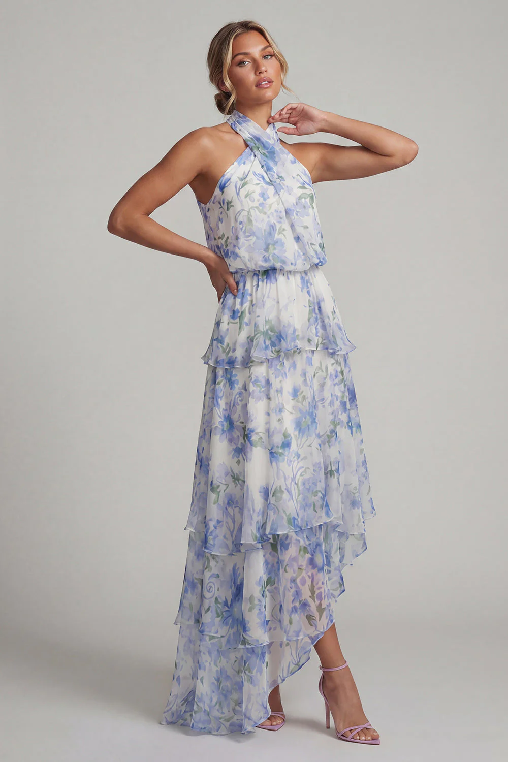 Halter Light Blue Asymmetrical A Line Floral Dress with Ruffles - Image 3