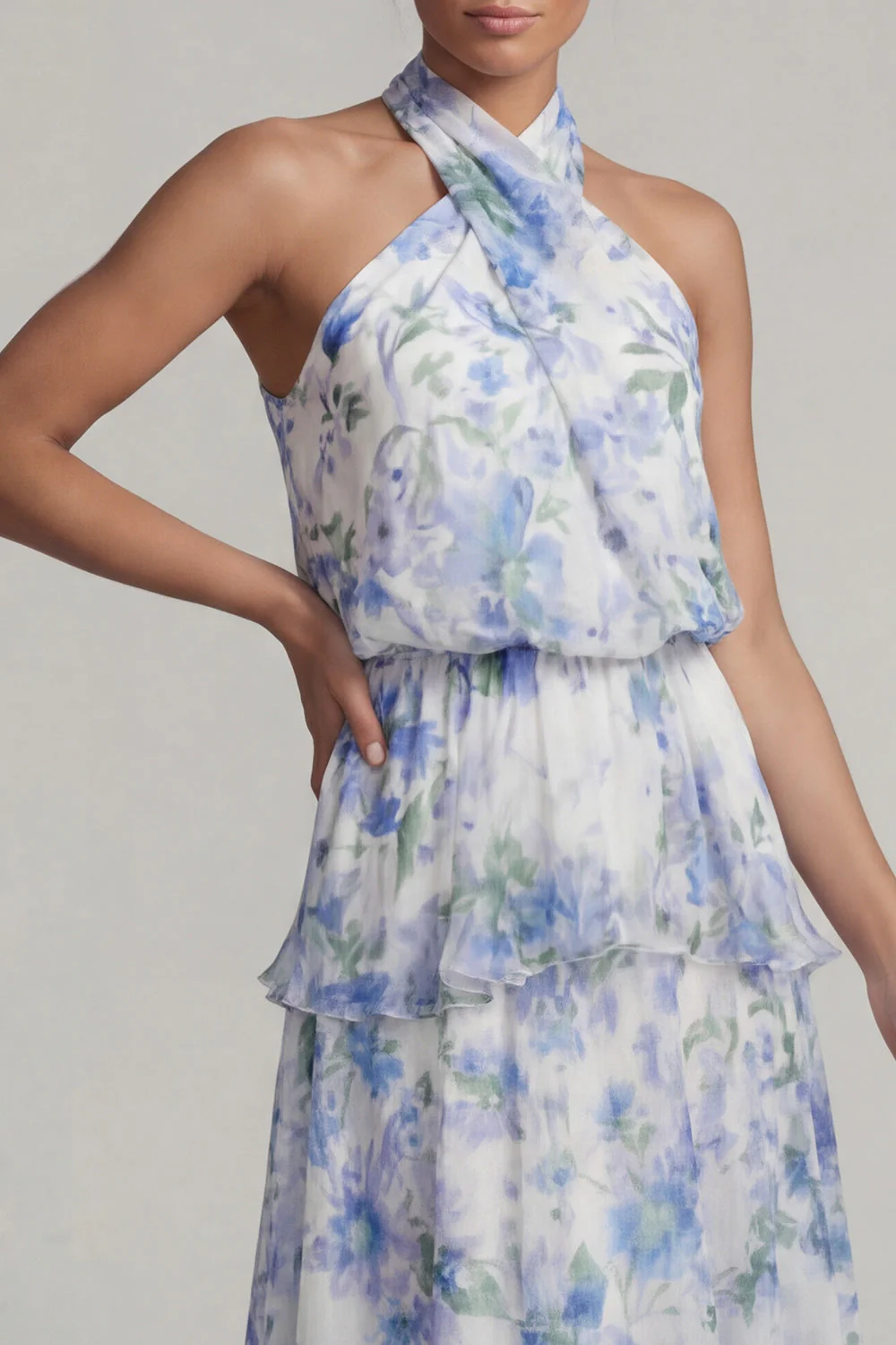 Halter Light Blue Asymmetrical A Line Floral Dress with Ruffles - Image 4