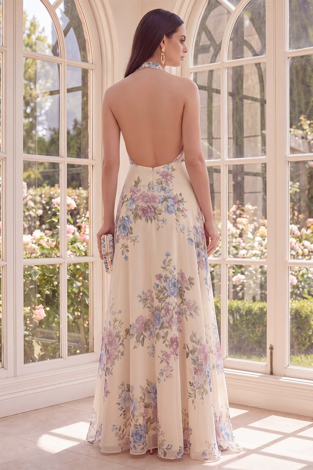 Halter Apricot A Line Backless Maxi Floral Dress with Slit - Image 2