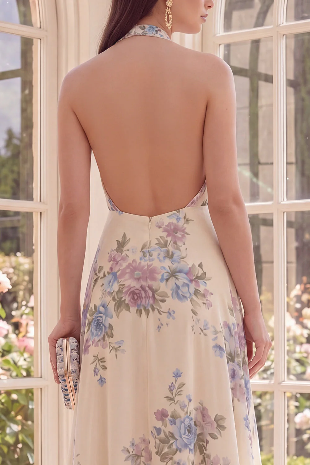 Halter Apricot A Line Backless Maxi Floral Dress with Slit - Image 4