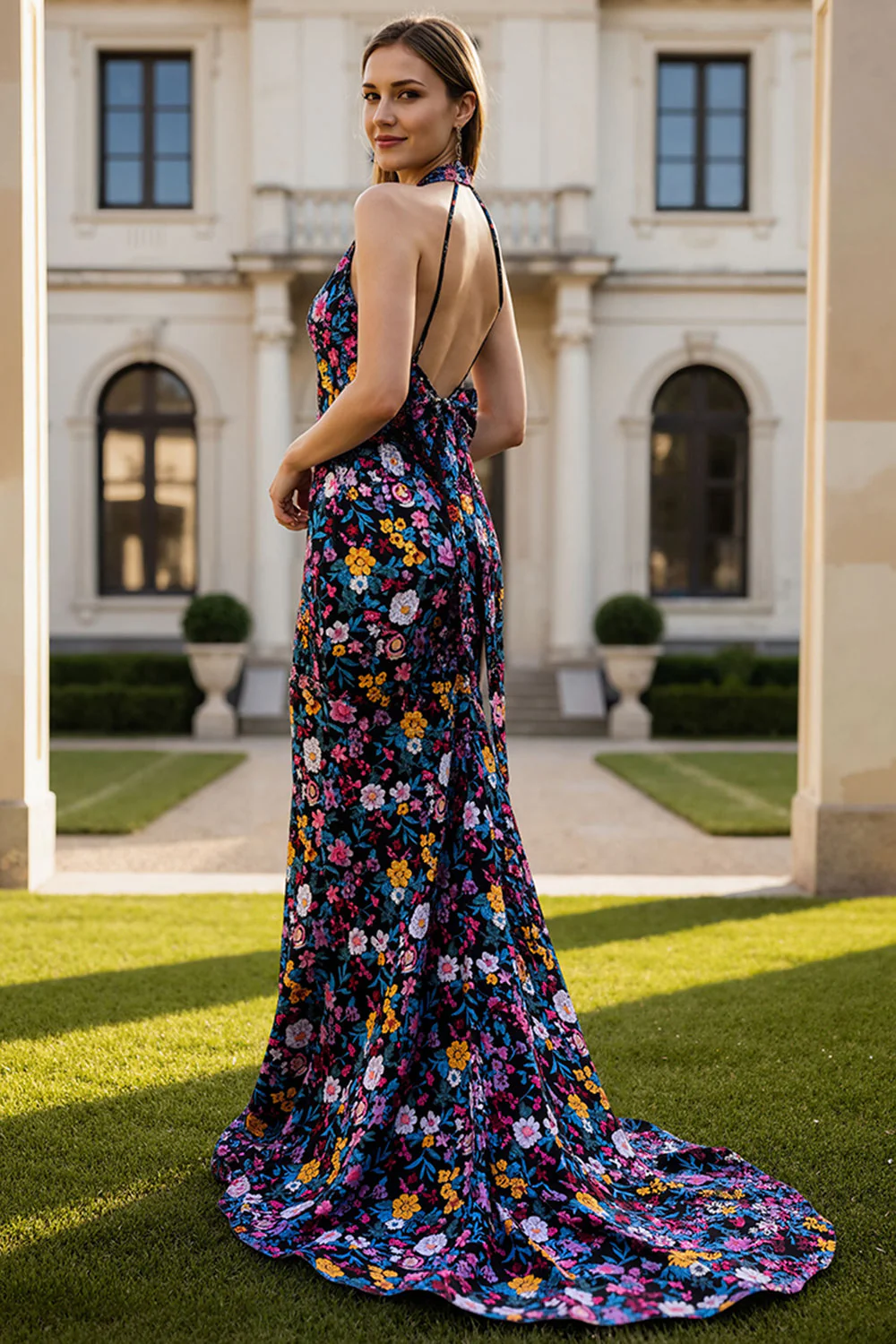 Halter Black Flower Mermaid Long Prom Dress with Bow - Image 2