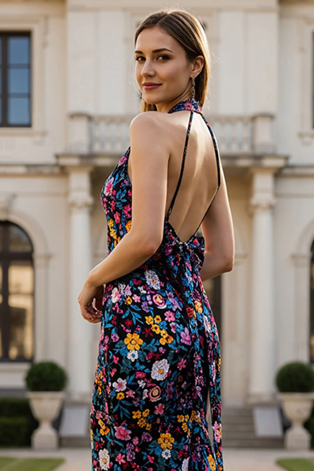 Halter Black Flower Mermaid Long Prom Dress with Bow - Image 5