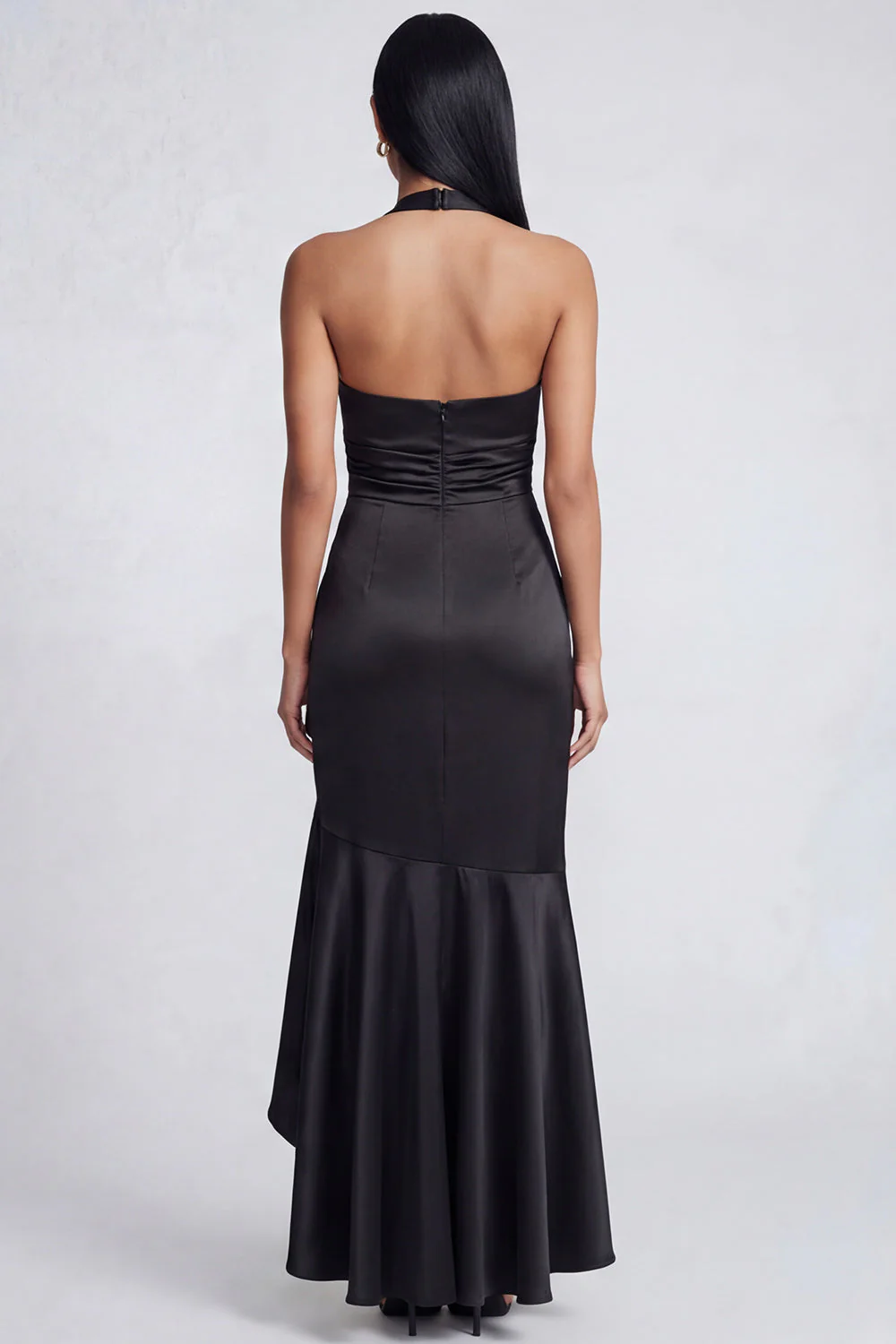 Halter Black Sheath Ruffled Satin Long Evening Dress - Image 2