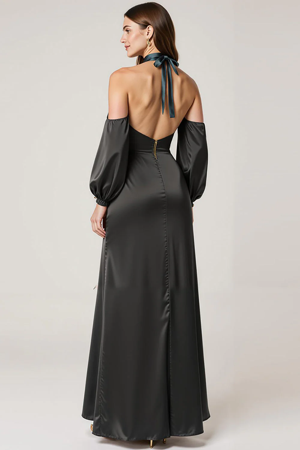 Halter Black Satin Formal Dress with Slit - Image 2