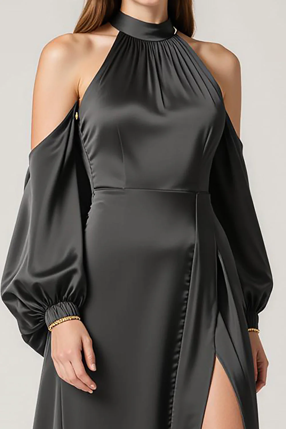 Halter Black Satin Formal Dress with Slit - Image 3