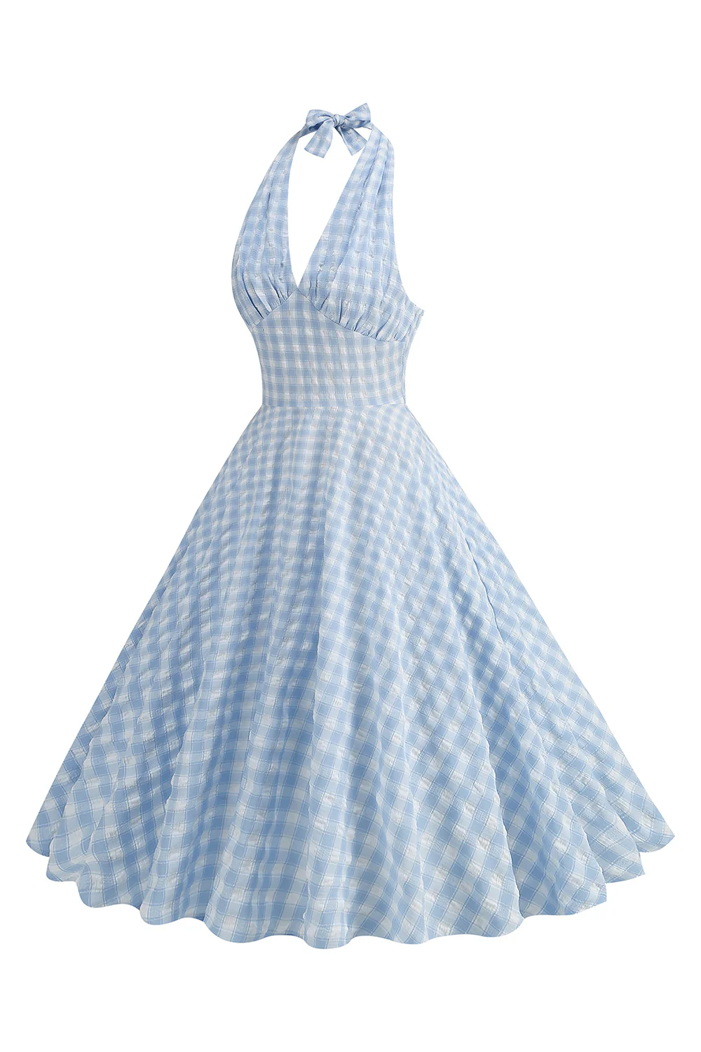 Halter Blue Plaid 1950s Dress With Bow - Image 3
