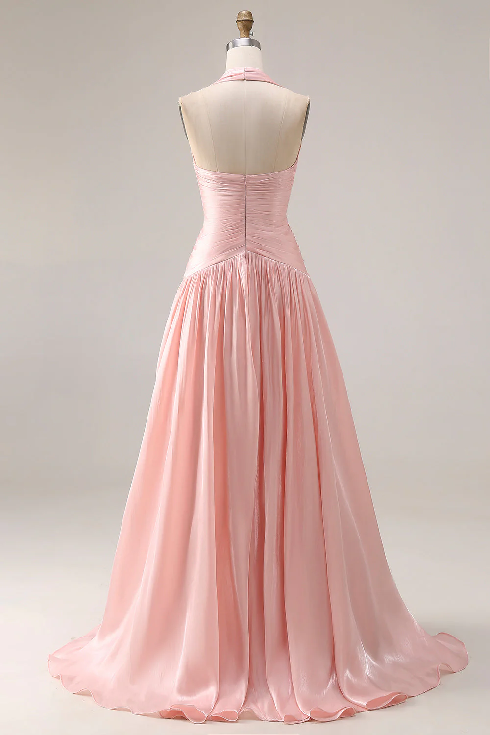Halter Blush Pink A-Line Pleated Long Prom Dress with Slit - Image 2