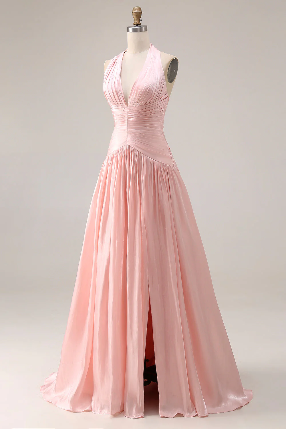 Halter Blush Pink A-Line Pleated Long Prom Dress with Slit - Image 3