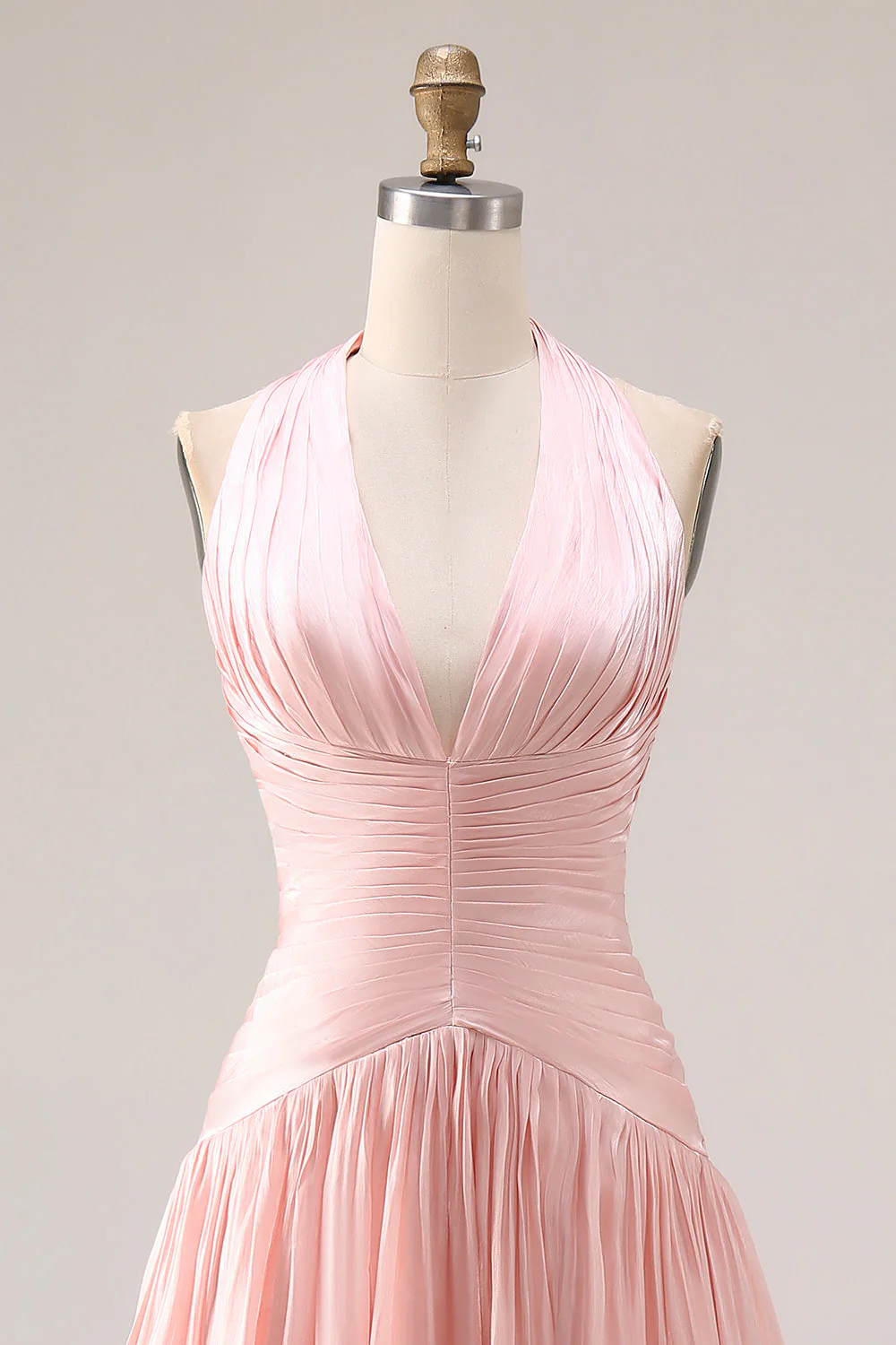 Halter Blush Pink A-Line Pleated Long Prom Dress with Slit - Image 4