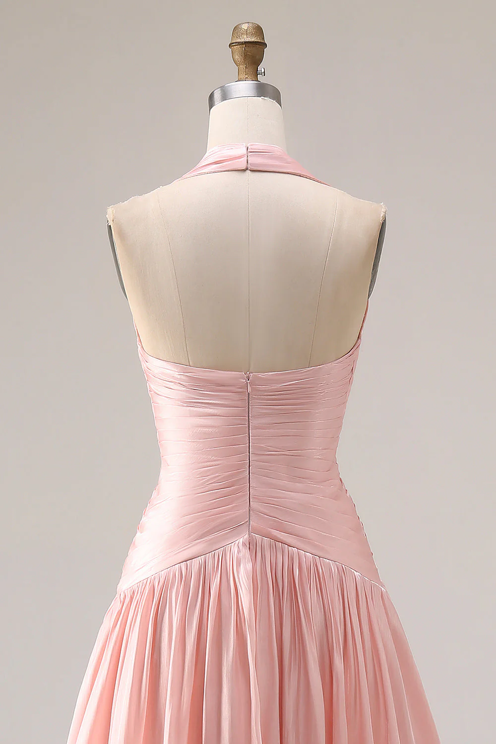 Halter Blush Pink A-Line Pleated Long Prom Dress with Slit - Image 5