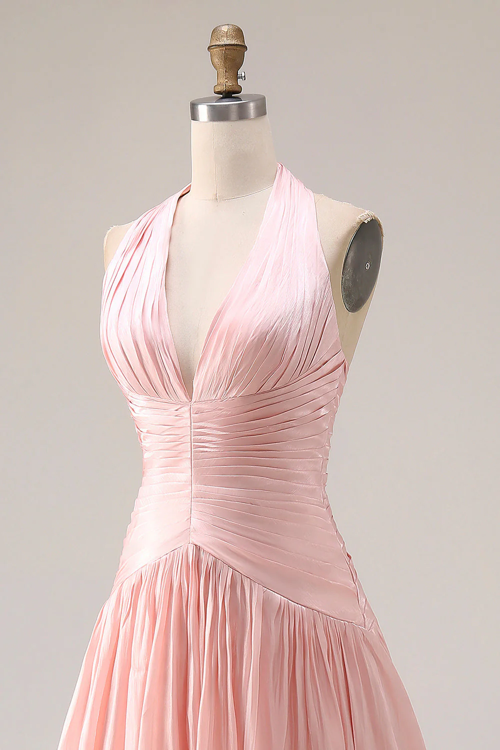 Halter Blush Pink A-Line Pleated Long Prom Dress with Slit - Image 6
