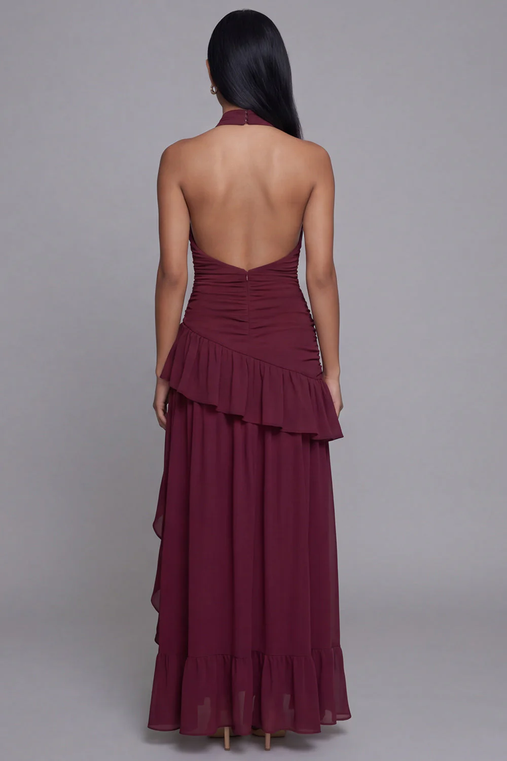Halter Burgundy Cut Out Ruffled Long Evening Dress with Slit - Image 2