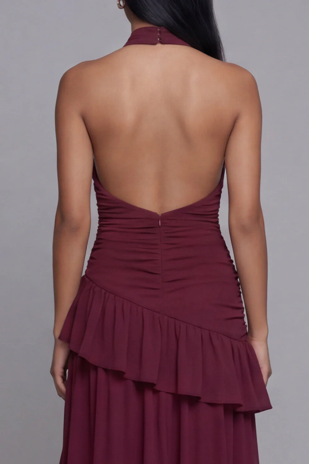 Halter Burgundy Cut Out Ruffled Long Evening Dress with Slit - Image 5