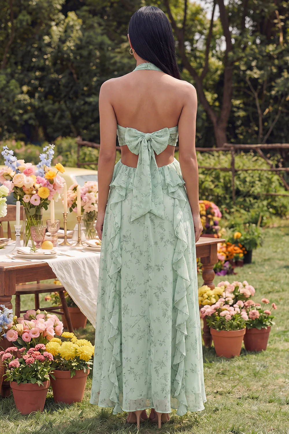 Halter Dusty Sage Cut Out A Line Maxi Floral Dress with Ruffles - Image 2