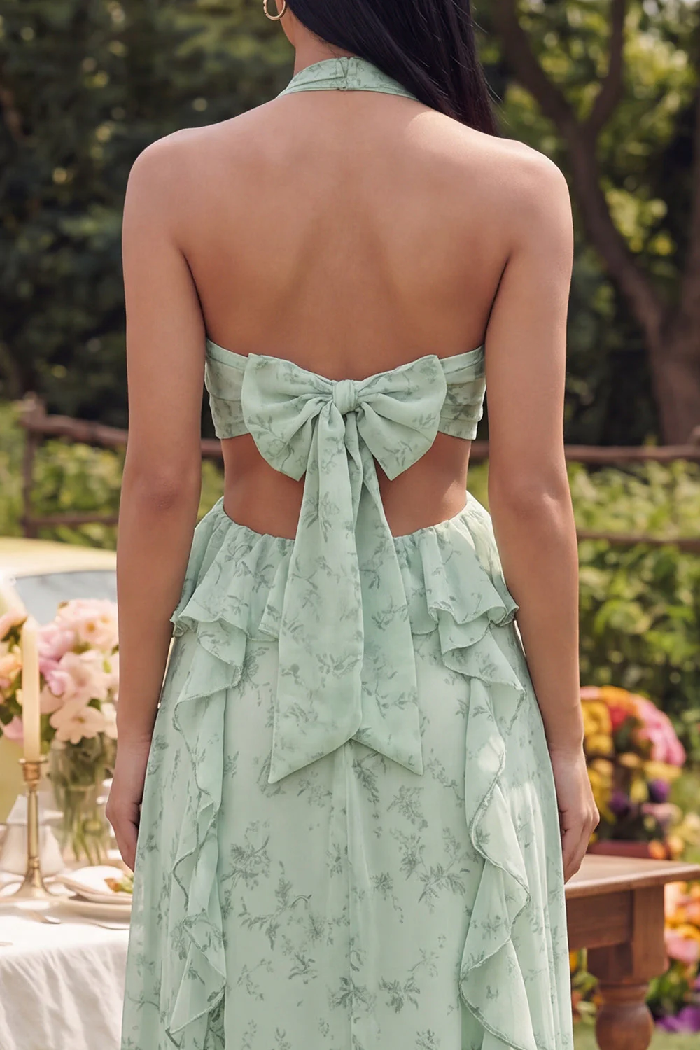 Halter Dusty Sage Cut Out A Line Maxi Floral Dress with Ruffles - Image 4