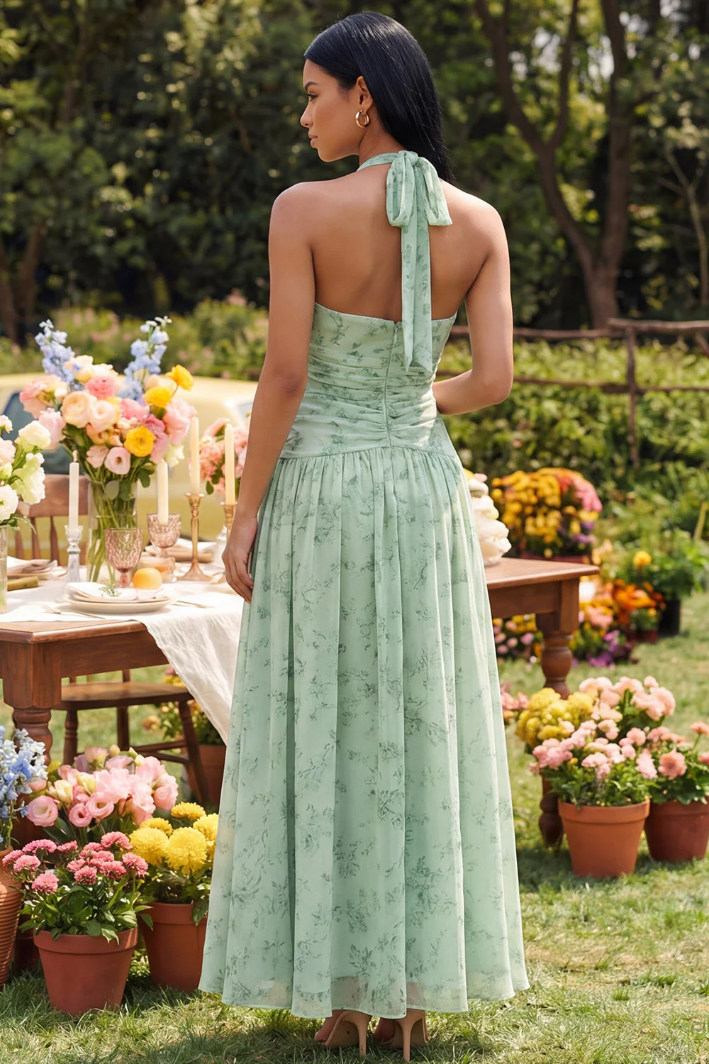 Halter Dusty Sage Printed Chiffon A Line Floral Dress - Image 2