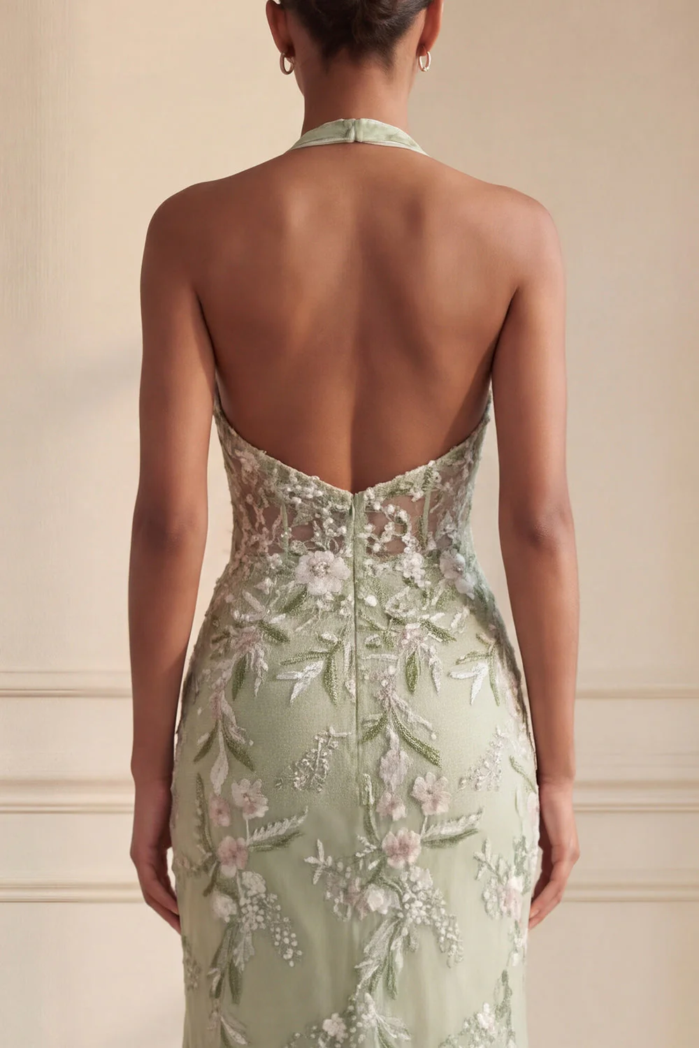 Halter Dusty Sage Sheer Corset Sheath Embroidered Long Prom Dress with Slit - Image 4