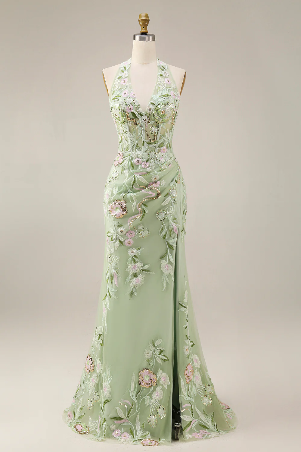 Halter Dusty Sage Sheer Corset Sheath Embroidered Long Prom Dress with Slit - Image 5
