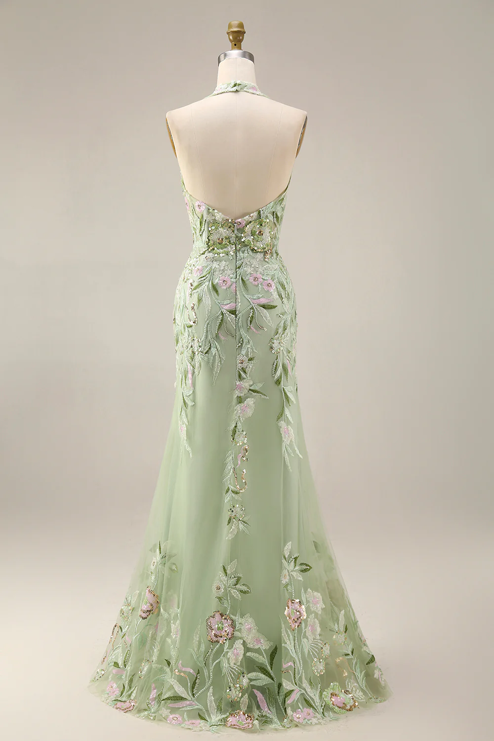 Halter Dusty Sage Sheer Corset Sheath Embroidered Long Prom Dress with Slit - Image 6