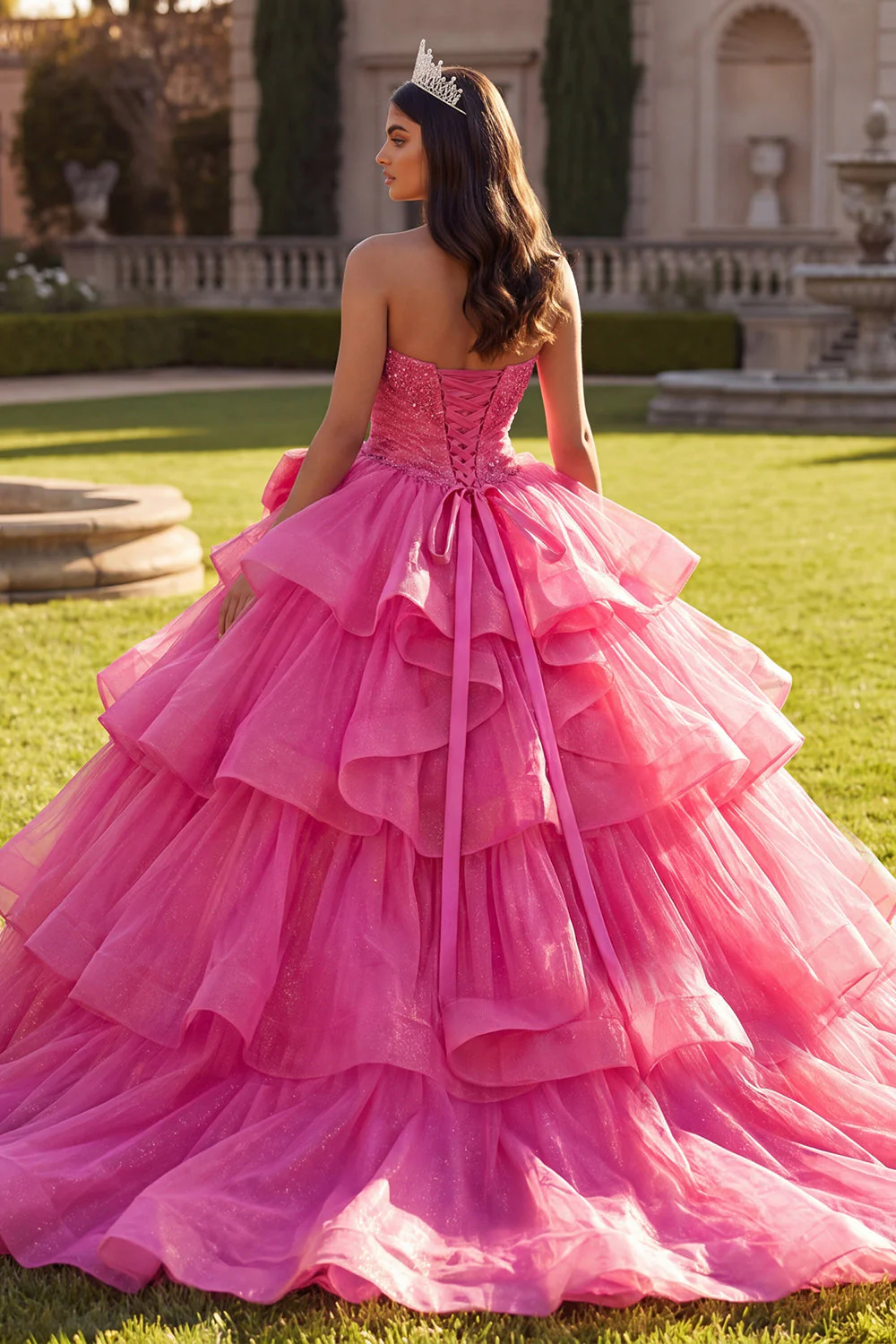 Halter Fuchsia Ball Gown Ruffled Quinceanera Dress with Bow - Image 2