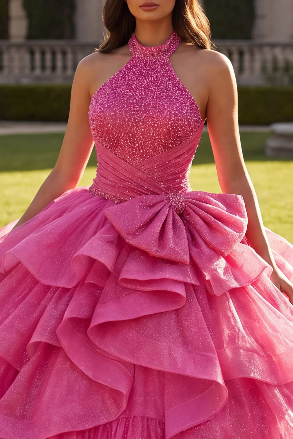 Halter Fuchsia Ball Gown Ruffled Quinceanera Dress with Bow - Image 3