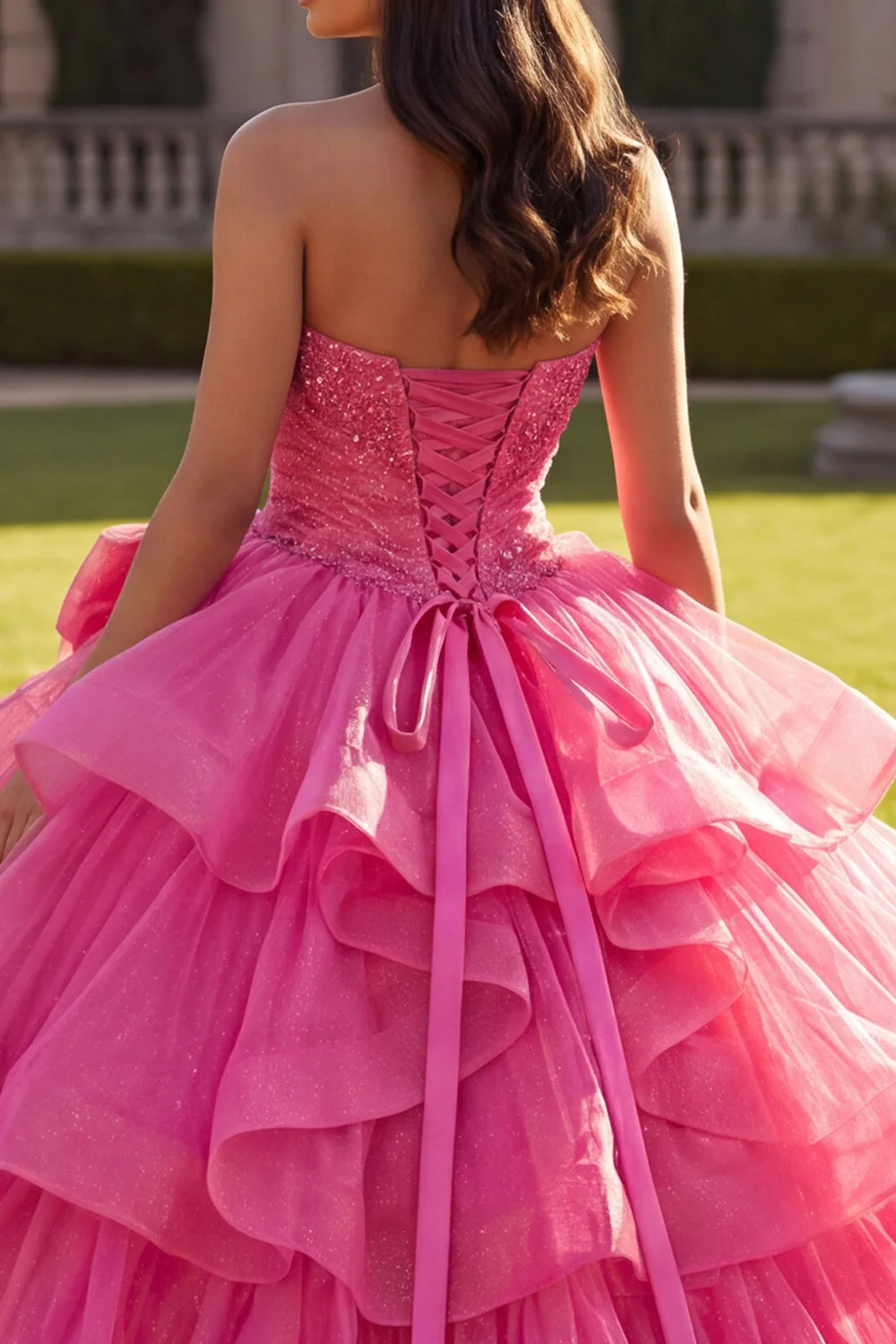 Halter Fuchsia Ball Gown Ruffled Quinceanera Dress with Bow - Image 4