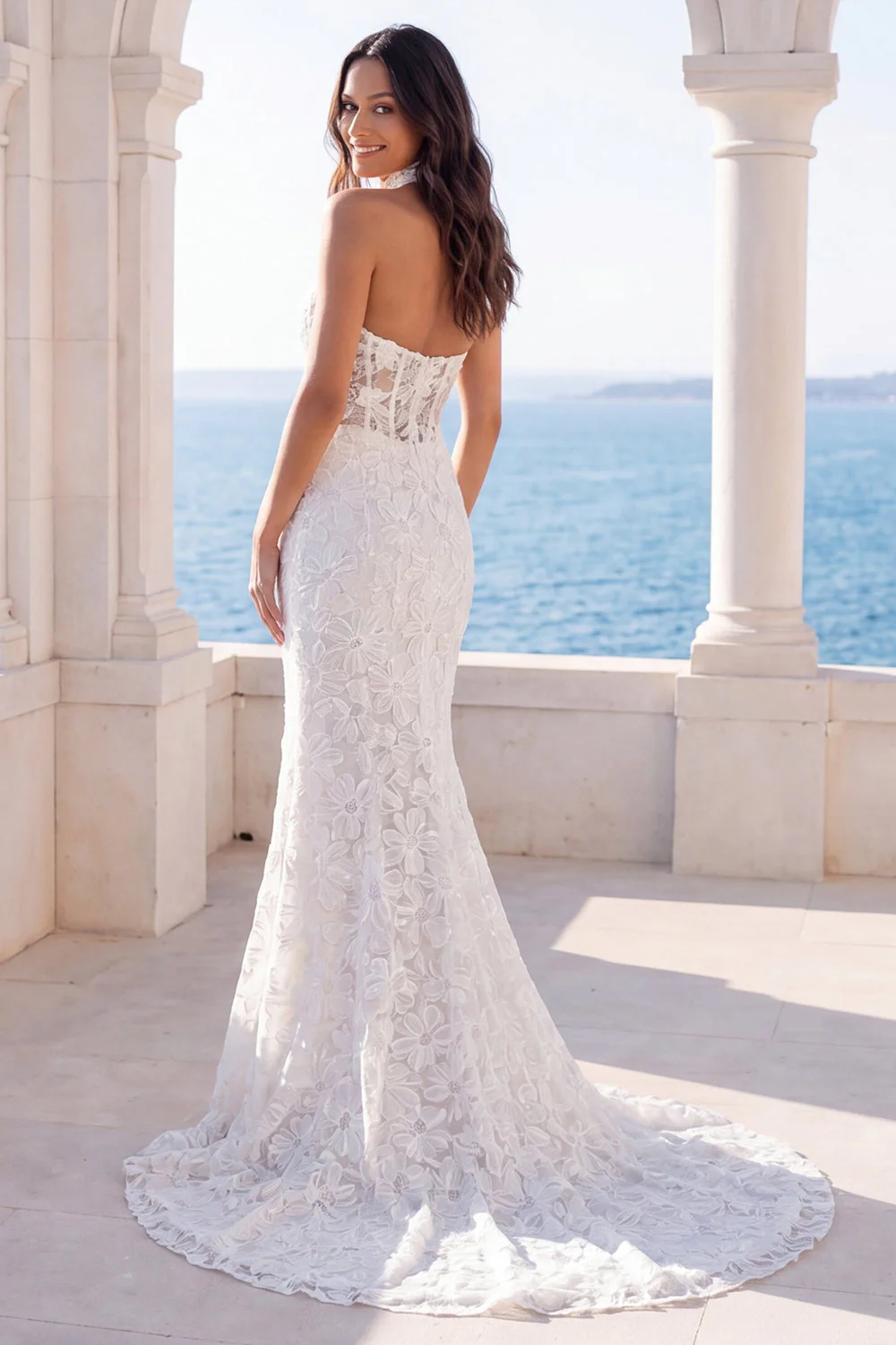 Halter Ivory Mermaid Floral Long Wedding Dress with Embroidery - Image 2