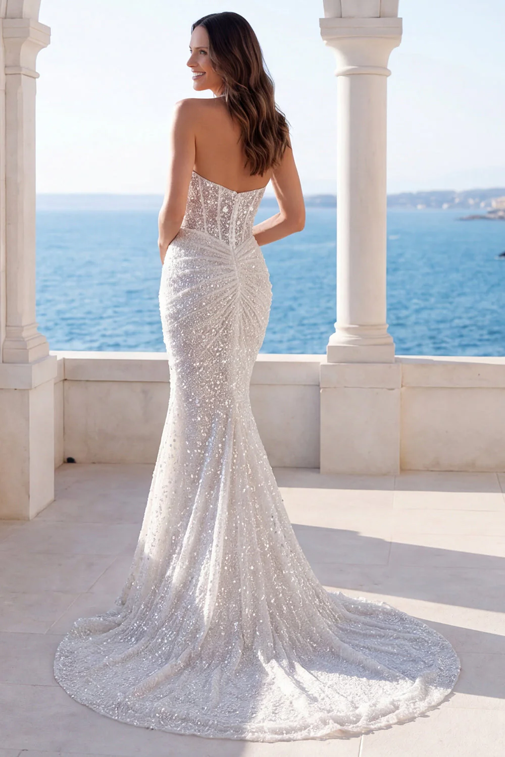 Halter Ivory Mermaid Ruched Sequin Long Wedding Dress - Image 2