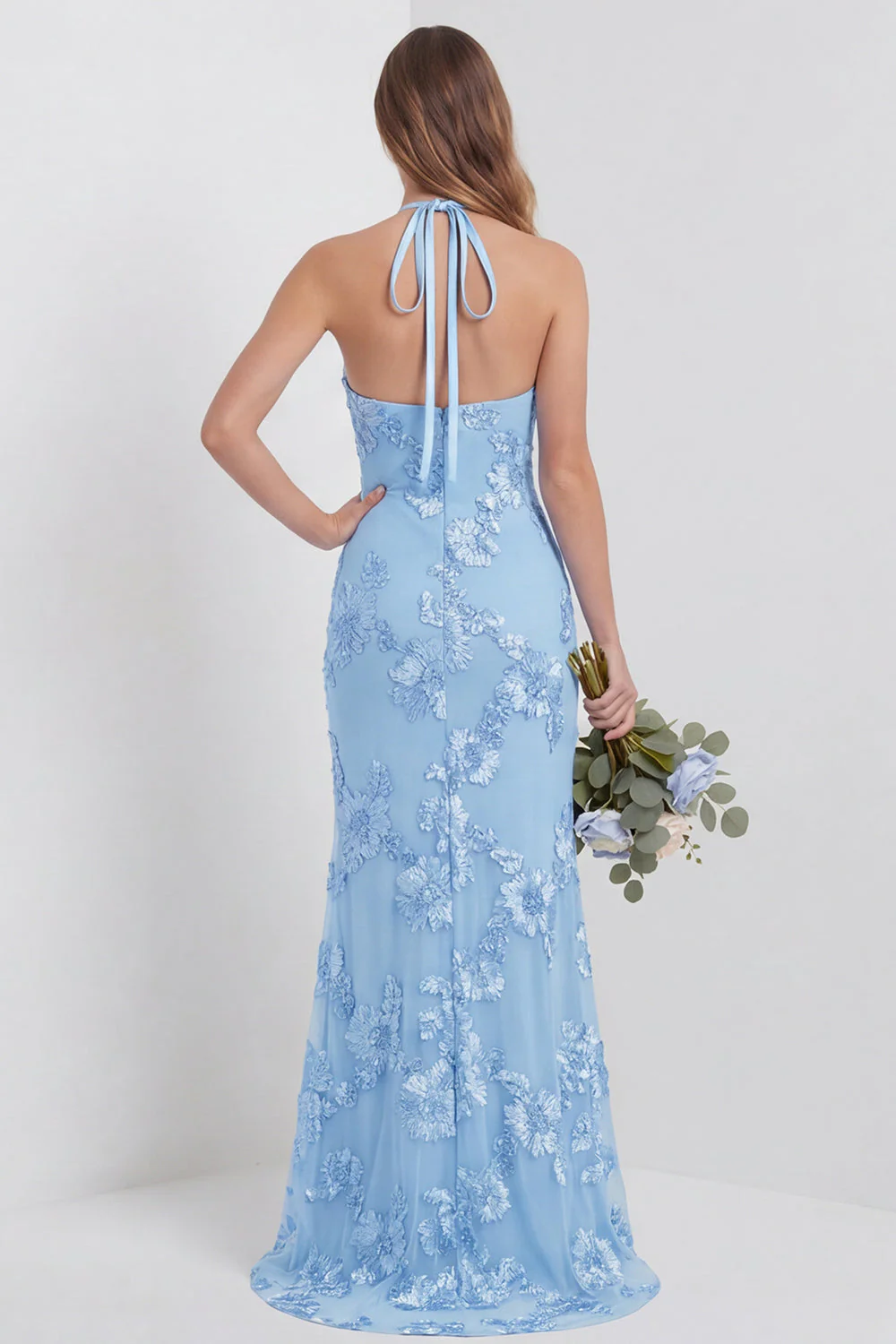Halter Light Blue Sheath Embroidered Long Floral Dress with Slit - Image 2