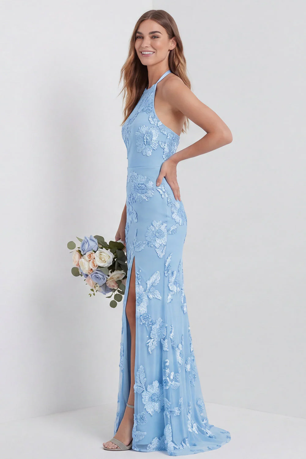 Halter Light Blue Sheath Embroidered Long Floral Dress with Slit - Image 3