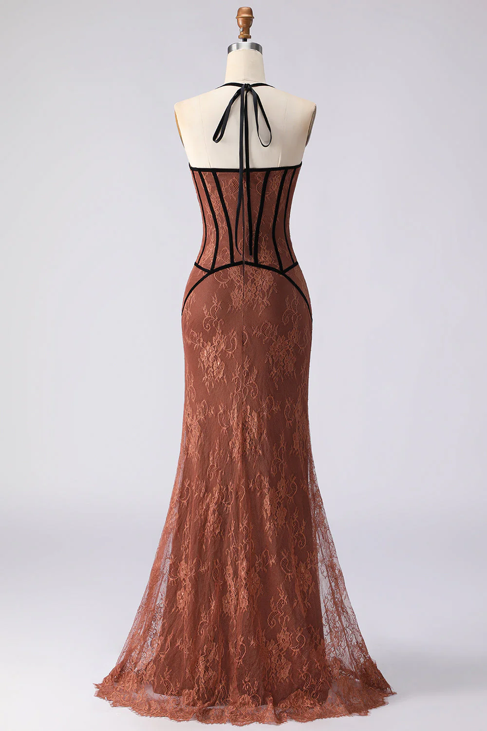 Halter Mermaid Brown Long Prom Dress with Lace - Image 2