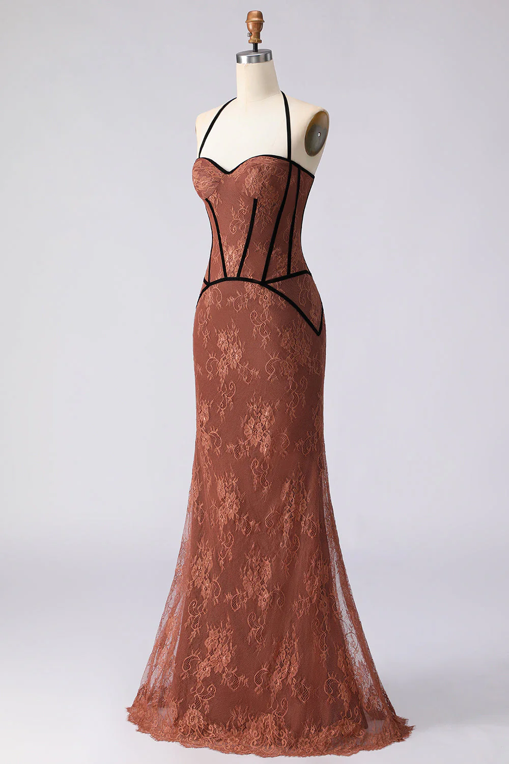 Halter Mermaid Brown Long Prom Dress with Lace - Image 3