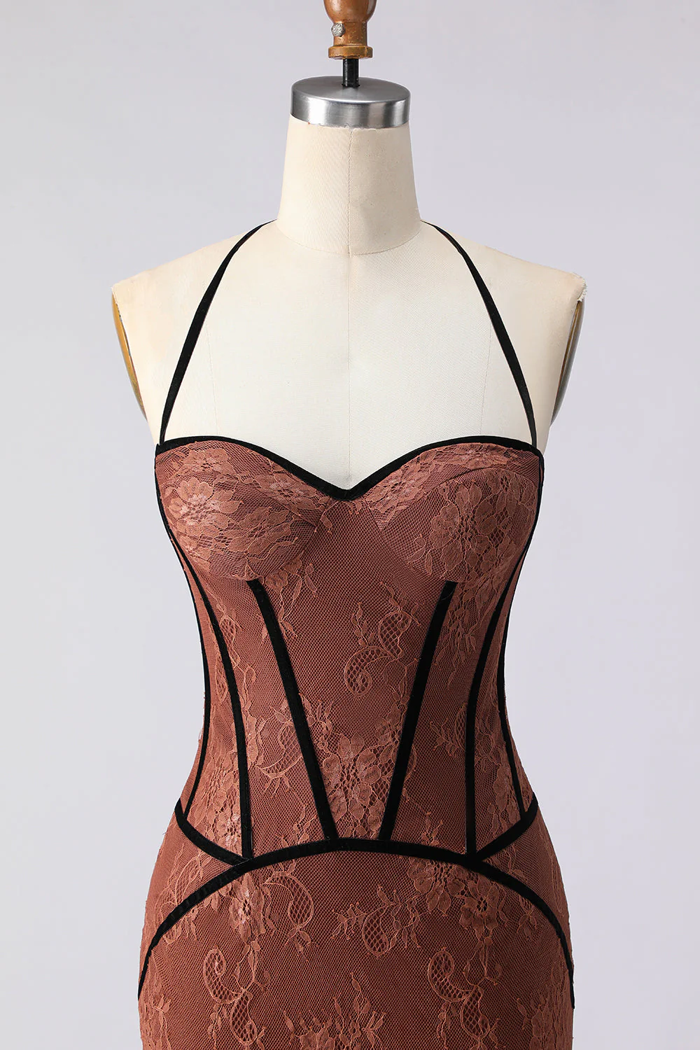 Halter Mermaid Brown Long Prom Dress with Lace - Image 4